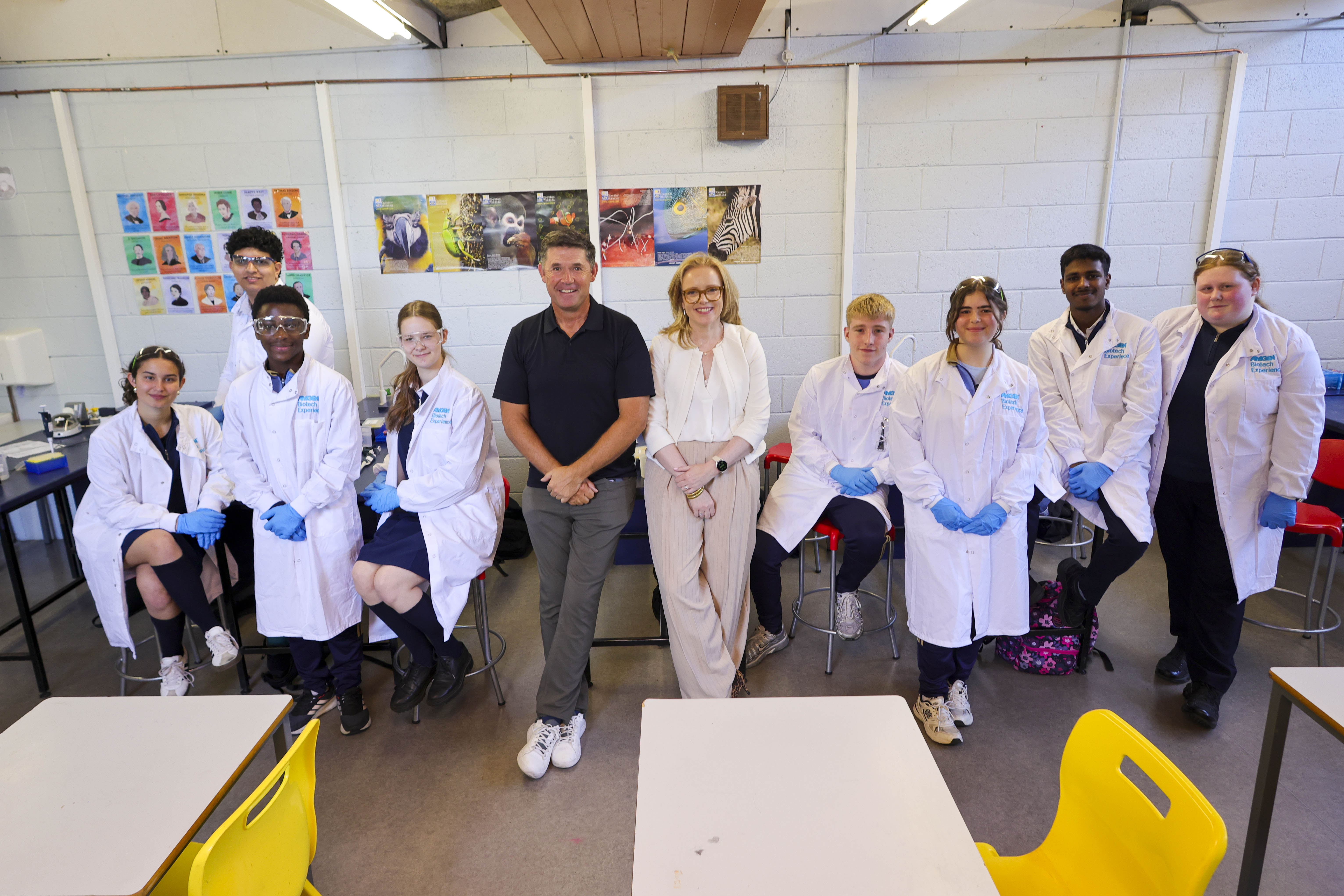 Amgen Golf Ambassador Pádraig Harrington with Jill Christian and students from Cabinteely Community School during an Amgen Biotech Experience visit.