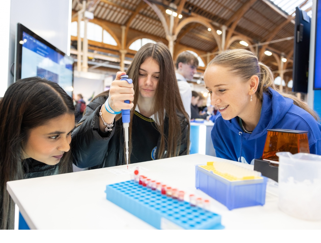 Students from St Laurence College learn how to micro pipette at the Amgen Foundation Stand at the Stripe Young Scientist and Technology Exhibition 2026.